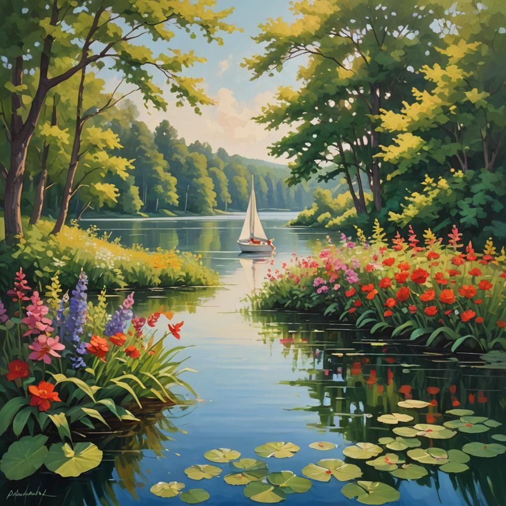 Idyllic Summer Lake Scene as Impasto Painting