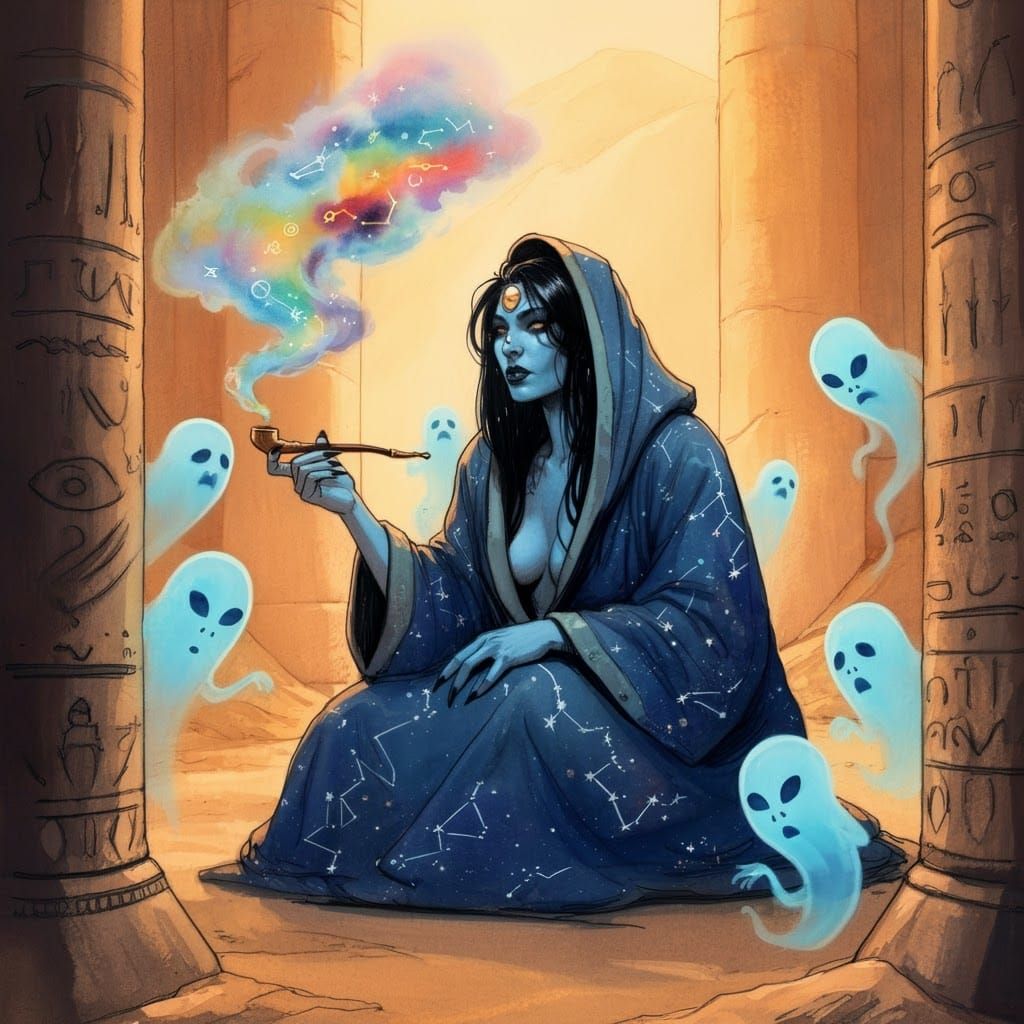 Blue Lady's Ghostly Temple Conversation in Watercolor Style