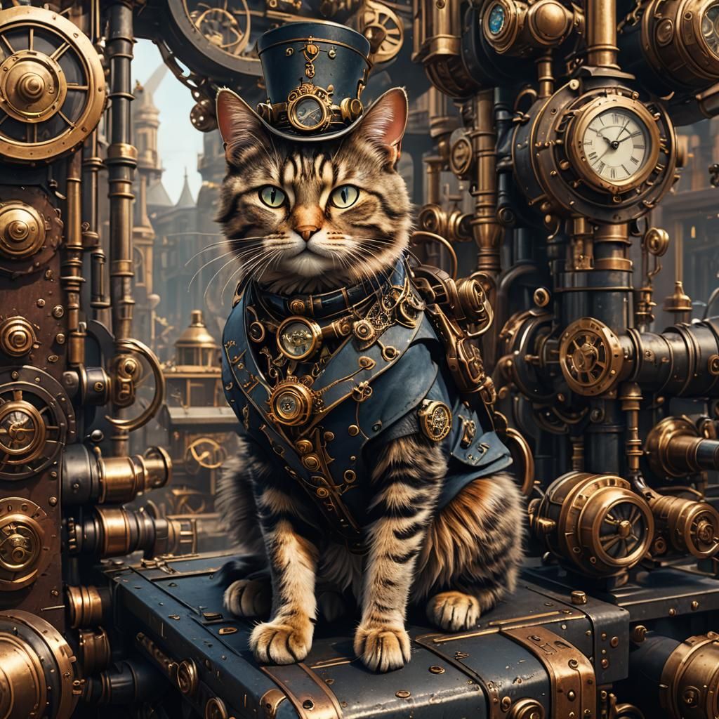 Steampunk Cat Anamorphic in Detailed Matte Painting