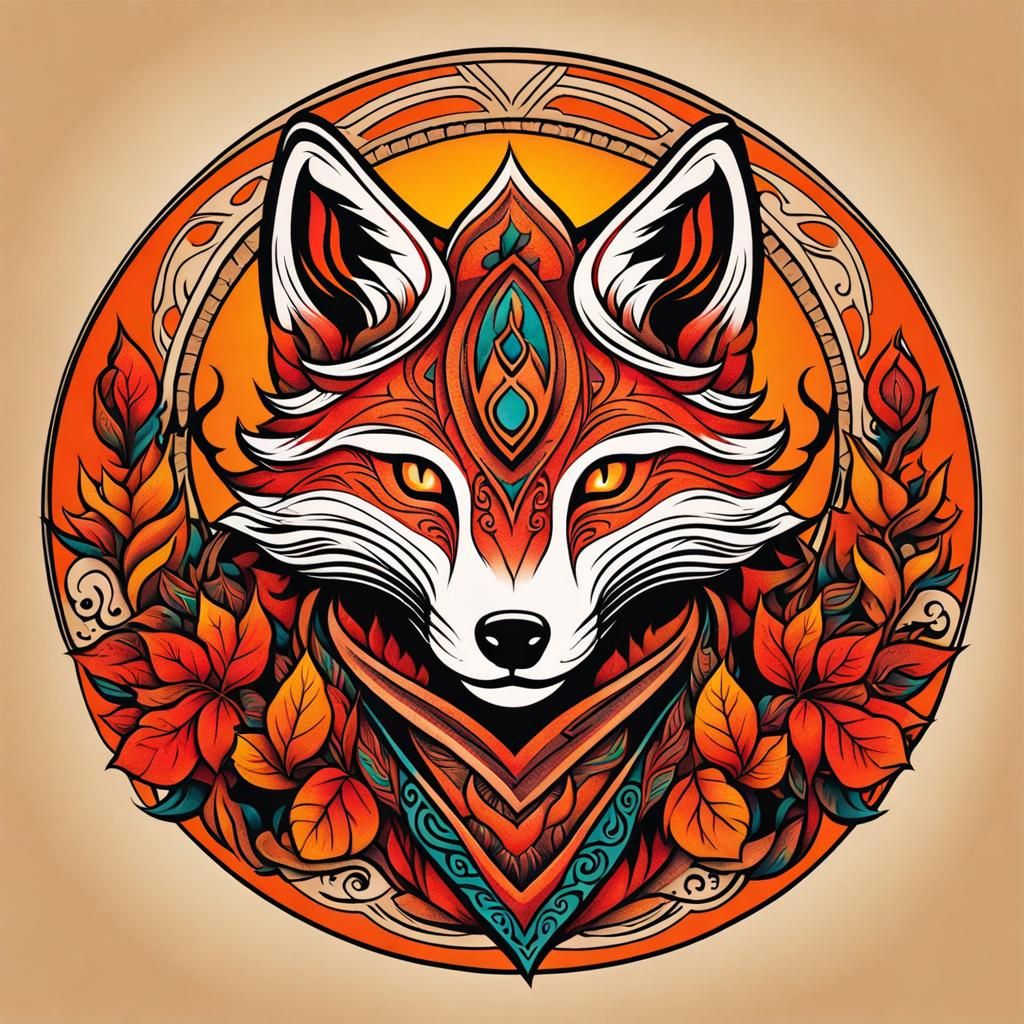 Tribal Kitsune Tattoo in Autumn Colors