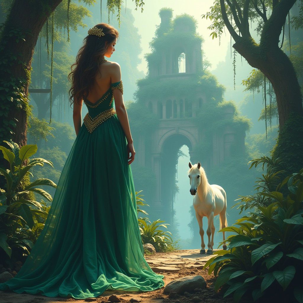 Lost Princess and White Horse in Jungle Art