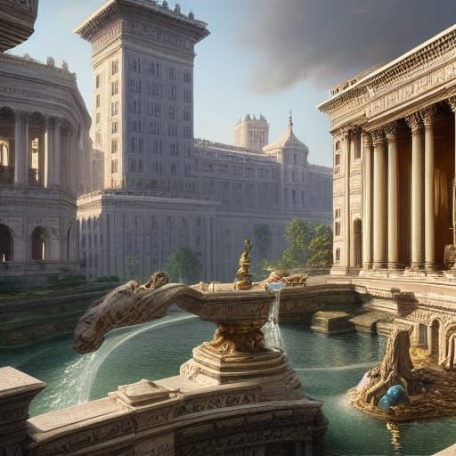 Epic Roman Marble Fort-City with Waterfalls