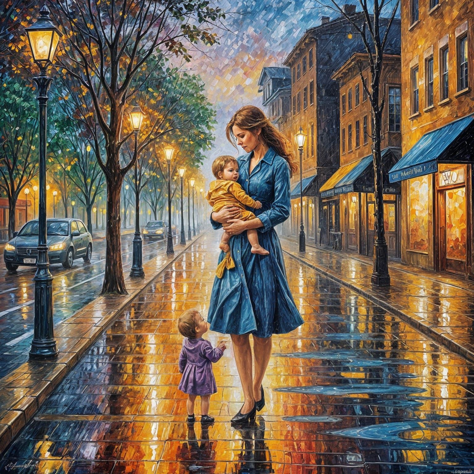 Mother and Baby on Wet City Street at Sunset