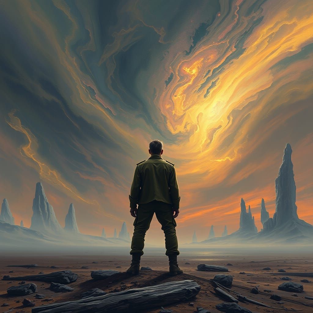 Lone Figure Gazes at Iridescent Sky on Desolate Battlefield