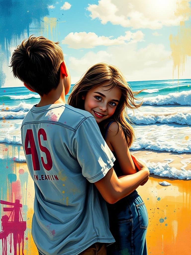 Joyful Couple on Beach in Vibrant Graffiti Art