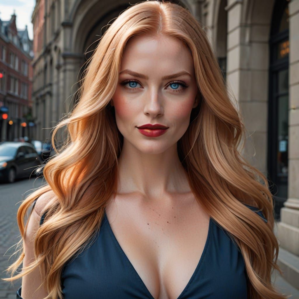 Sultry Blonde Supermodel with Ruby Red Hair and Voluptuous F...