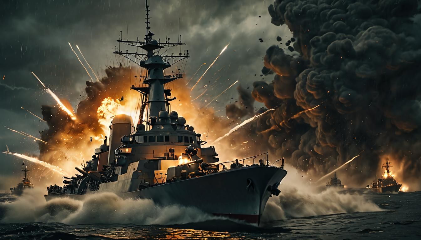 WWII Destroyer Under Fire in Stormy Atlantic