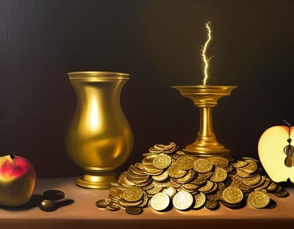 Baroque still nature with pile of gold coins and apple 3