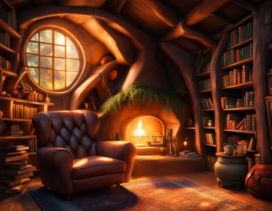 Cozy Hobbit Hole Interior with Fireplace