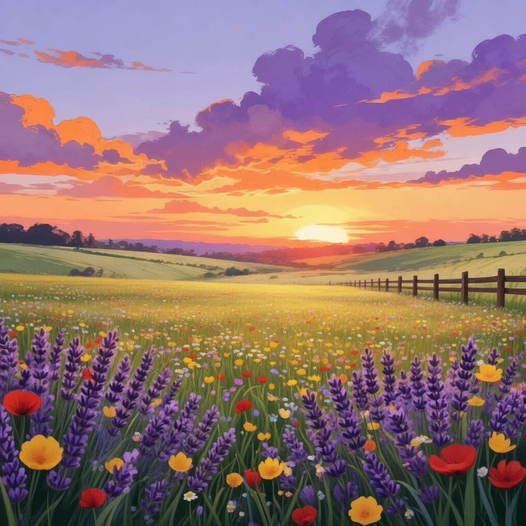 Vibrant Meadow Flowers at Golden Hour Sunset
