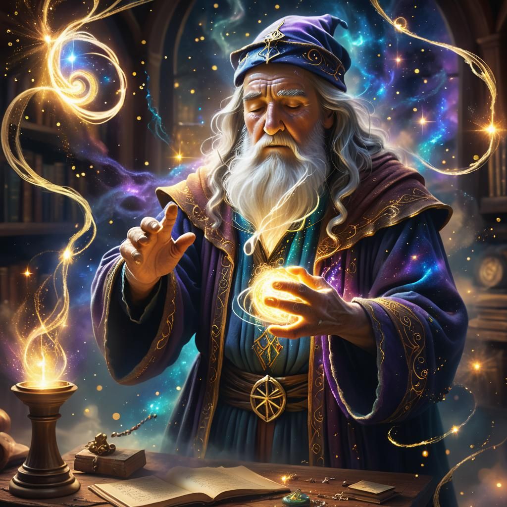 Mystical Wizard Casting Spell in Nebula Atmosphere