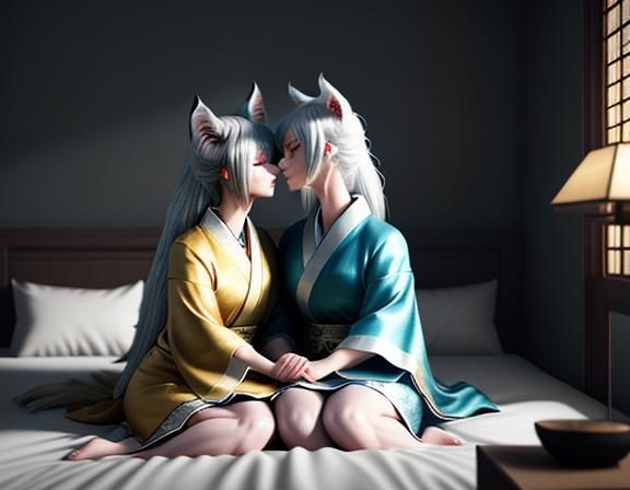 Female Kitsune Intimacy in Manga Style