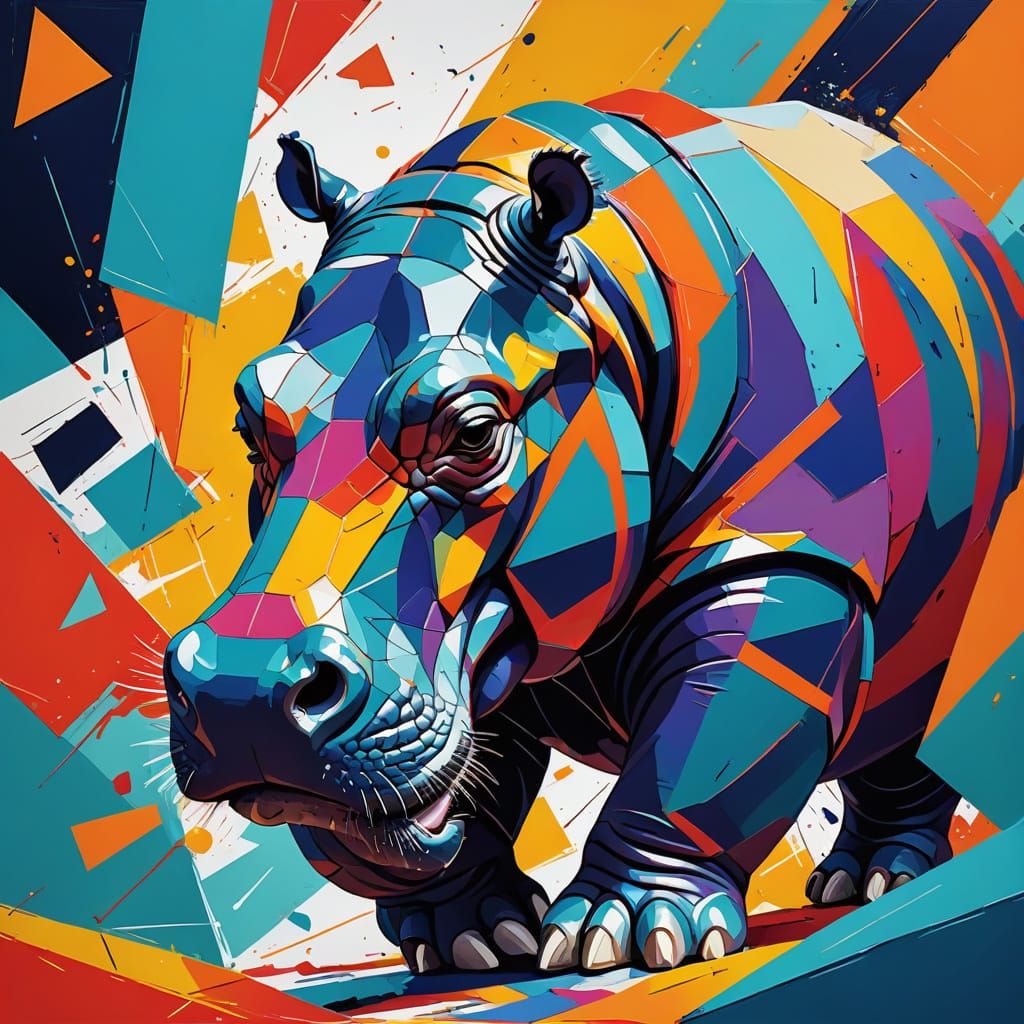 Vibrant Geometric Hippopotamus Abstract Art