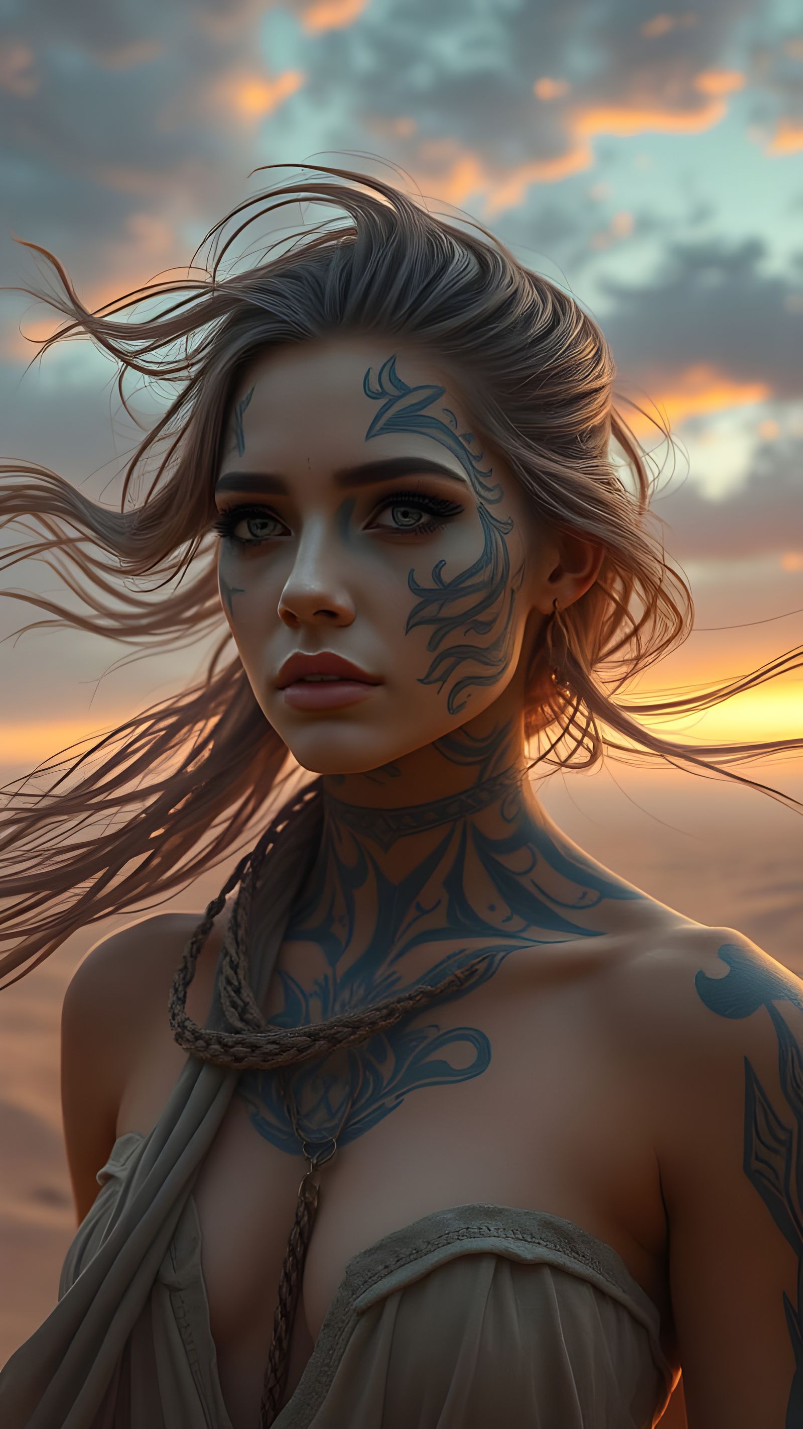 Sandstorm Beauty with Tattoos in Hyperrealistic Fantasy Art
