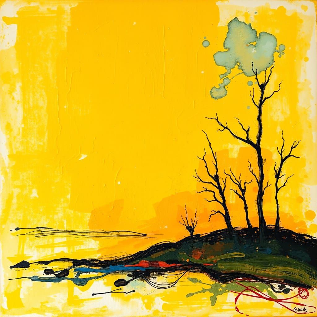 Man's Quest for Fire: Minimalist Gold Yellow Sketch