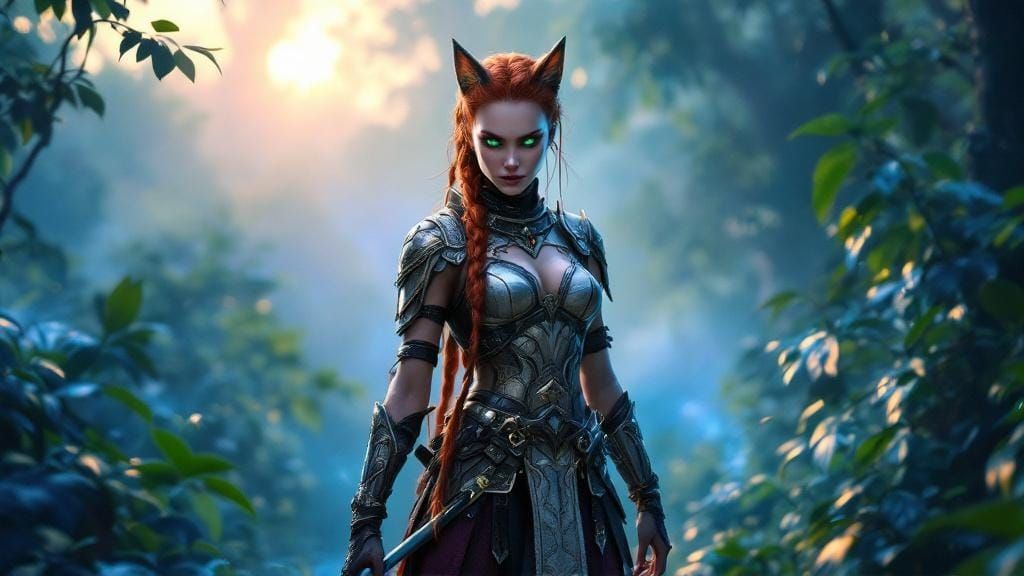 Fierce Cat-Like Warrior in Misty Jungle Scene