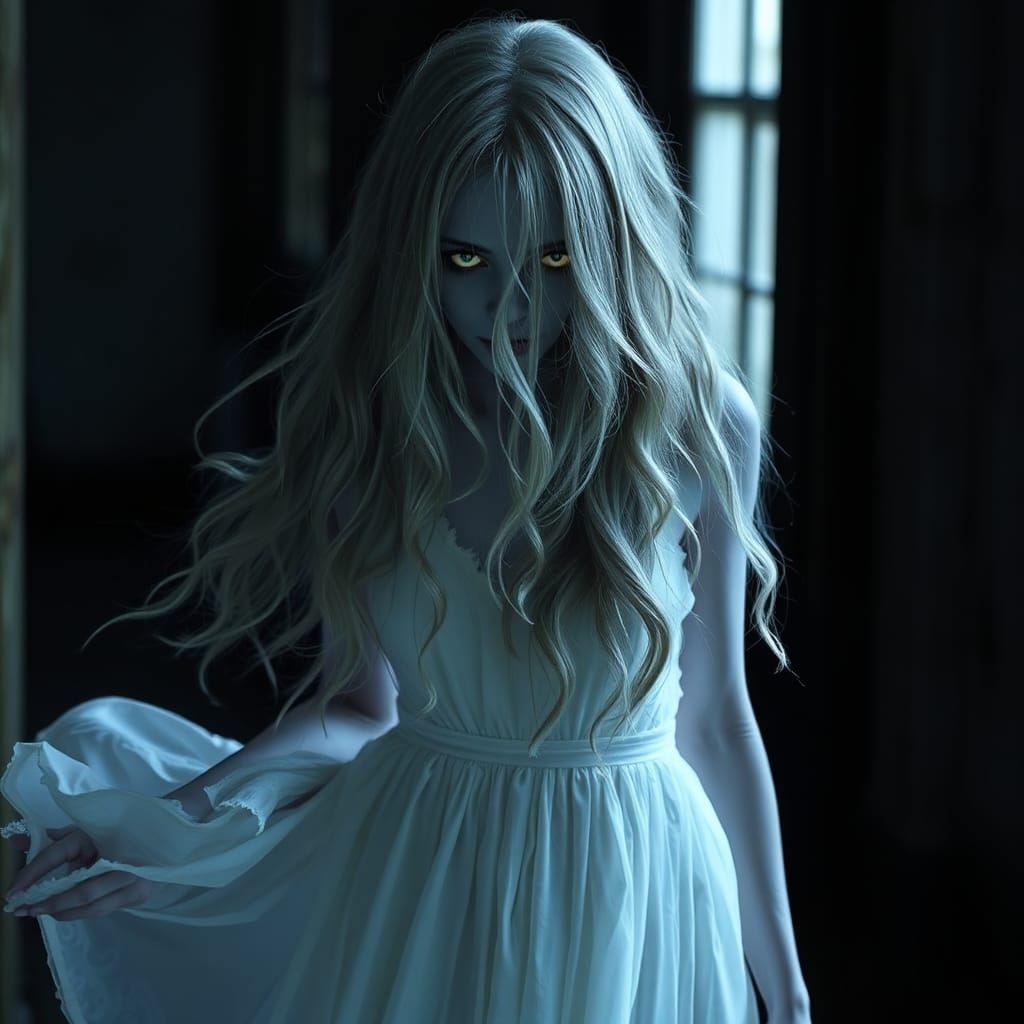 Ethereal Woman in White Dress with Glowing Eyes