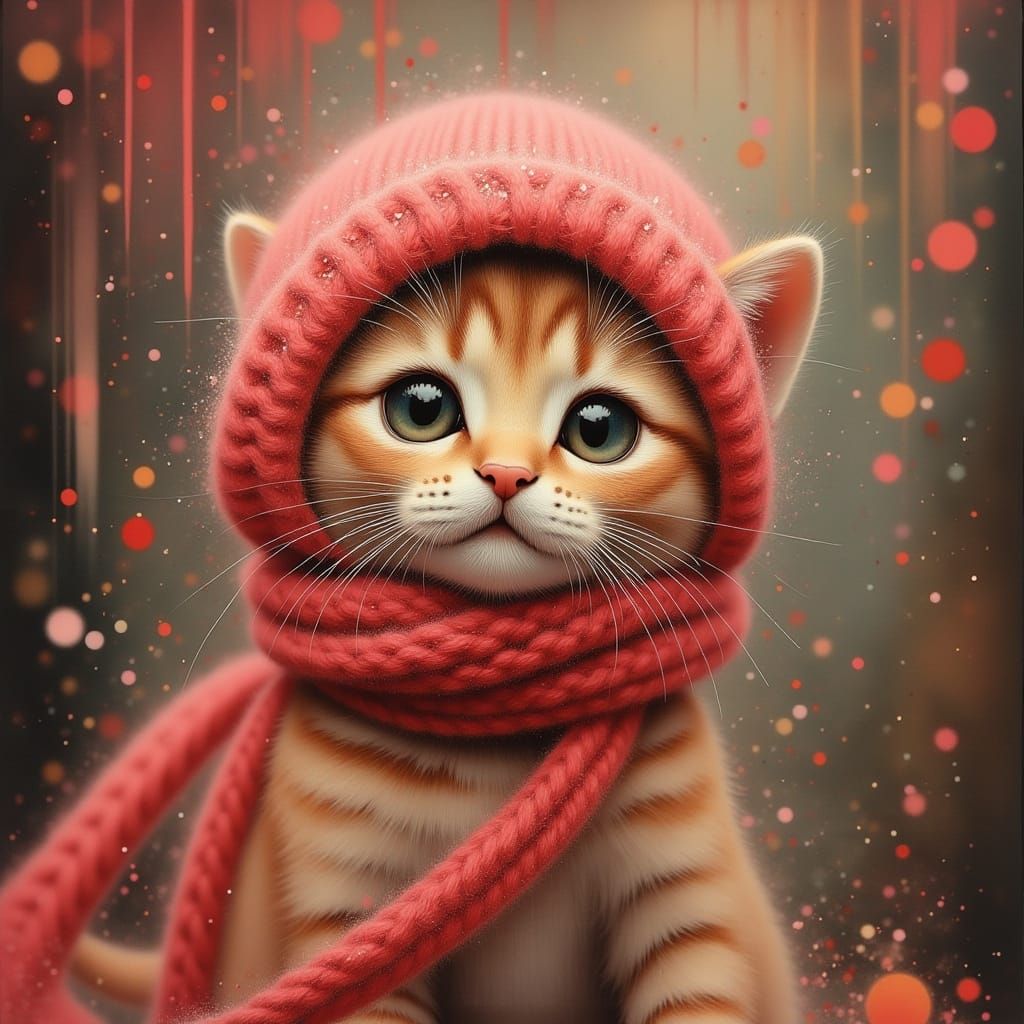 Adorable Kitten with Red Stripes in Hat and Scarf