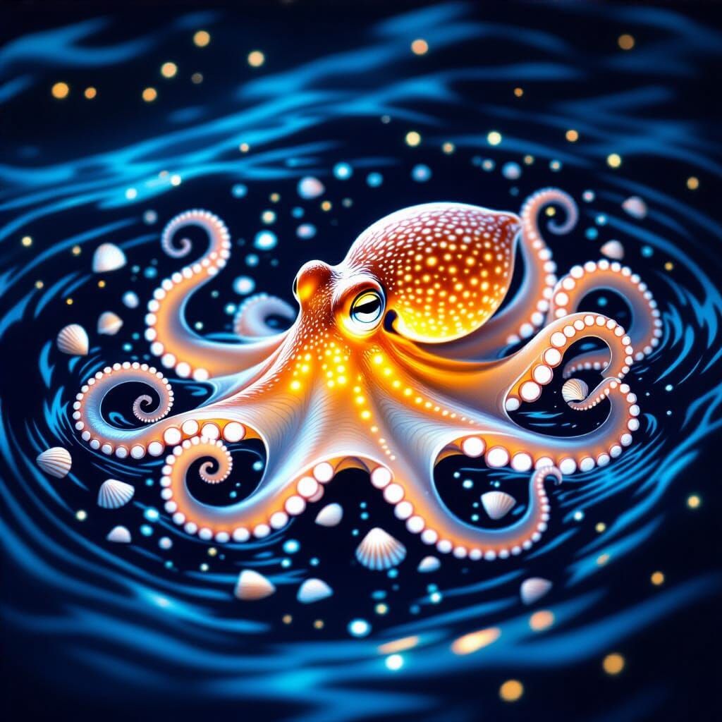 Bioluminescent Octopus Drifting Through Dark Ocean