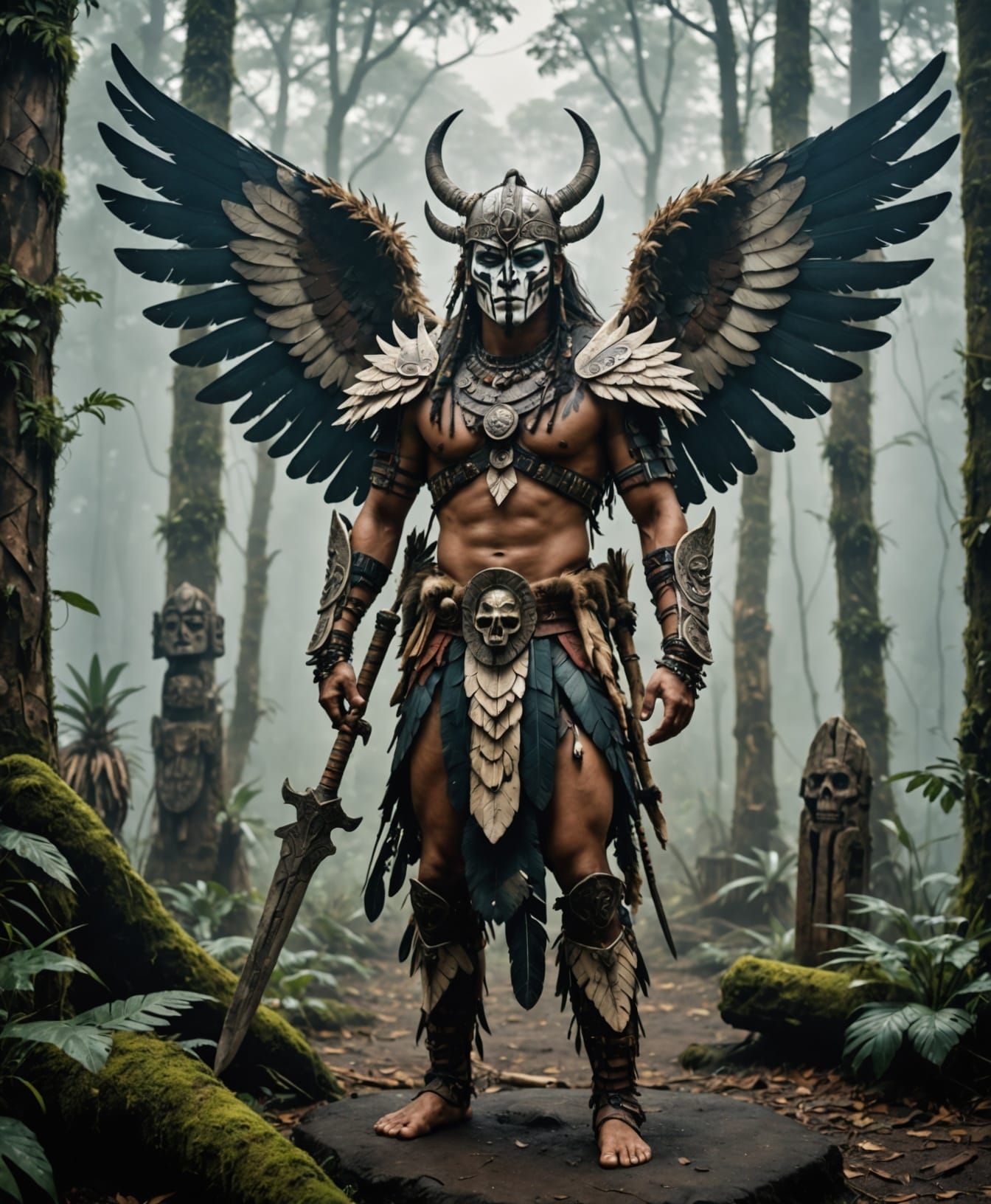 Tribal warrior with bone armor and feathered wings, ritual t...