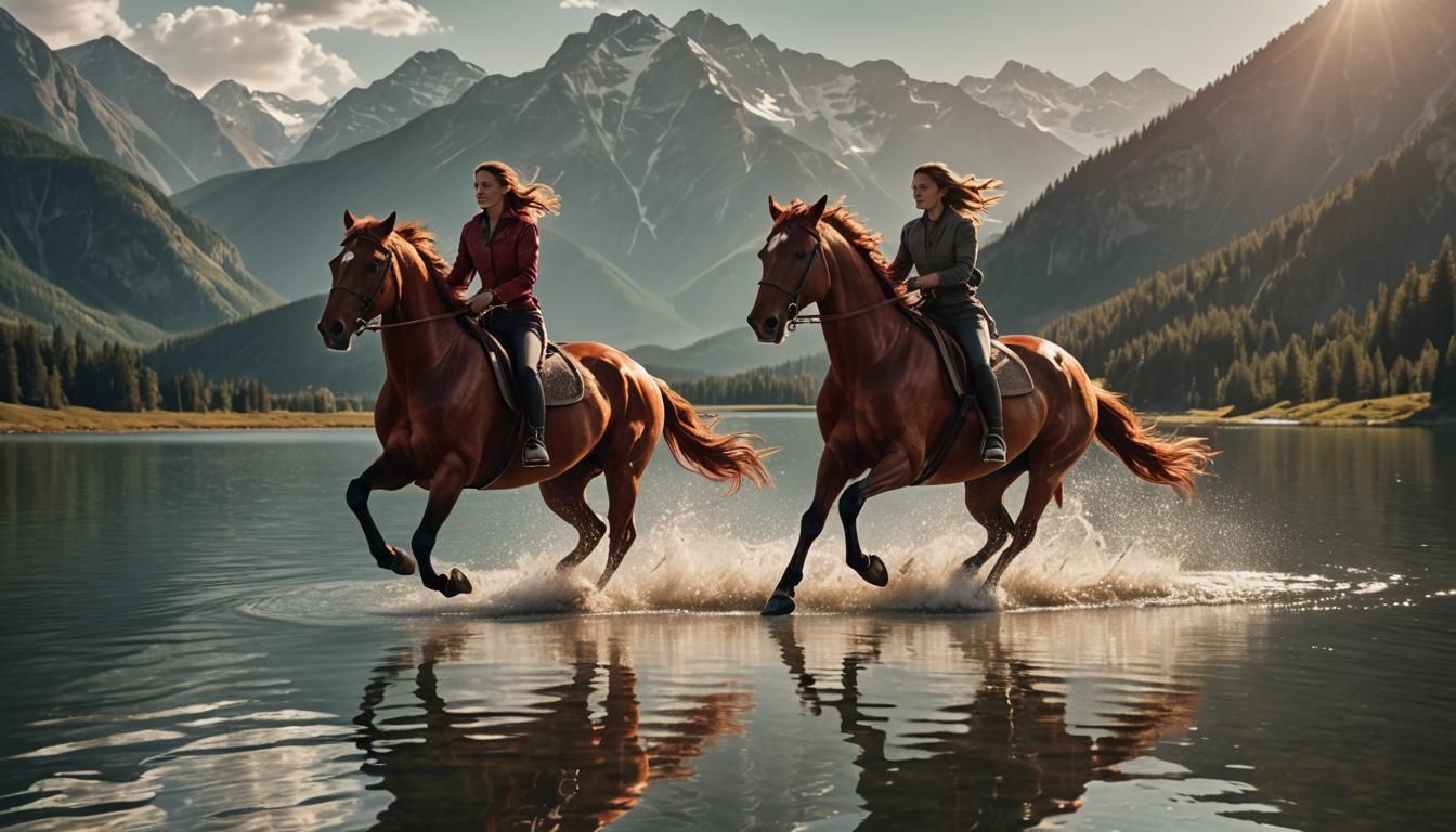 Woman on Metallic Horse Galloping Across Lake