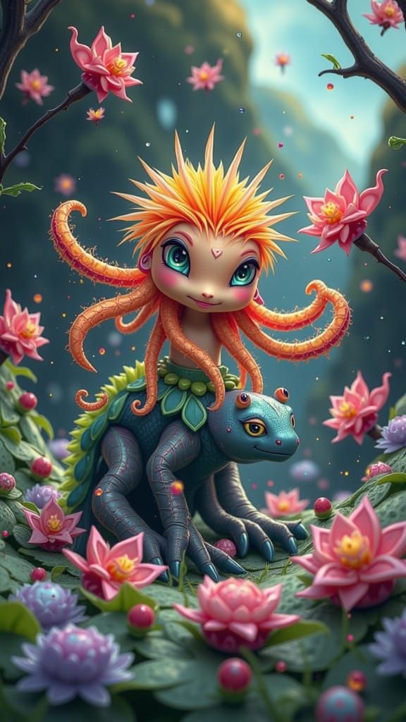 Whimsical Fae Creatures Ride Dinosaurs in Fantastical Landsc...
