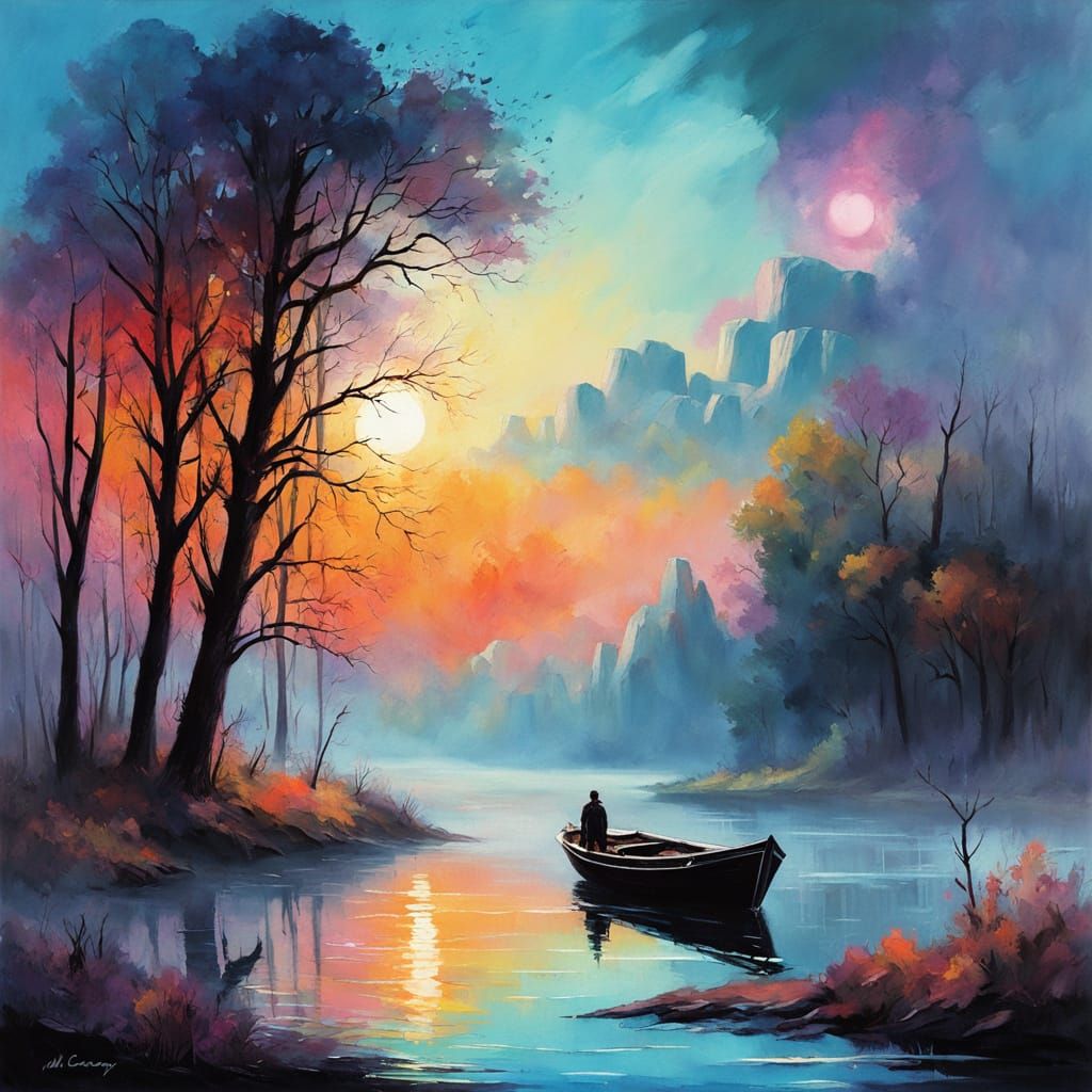 Allegorical River Boat Painting in Dreamlike Style
