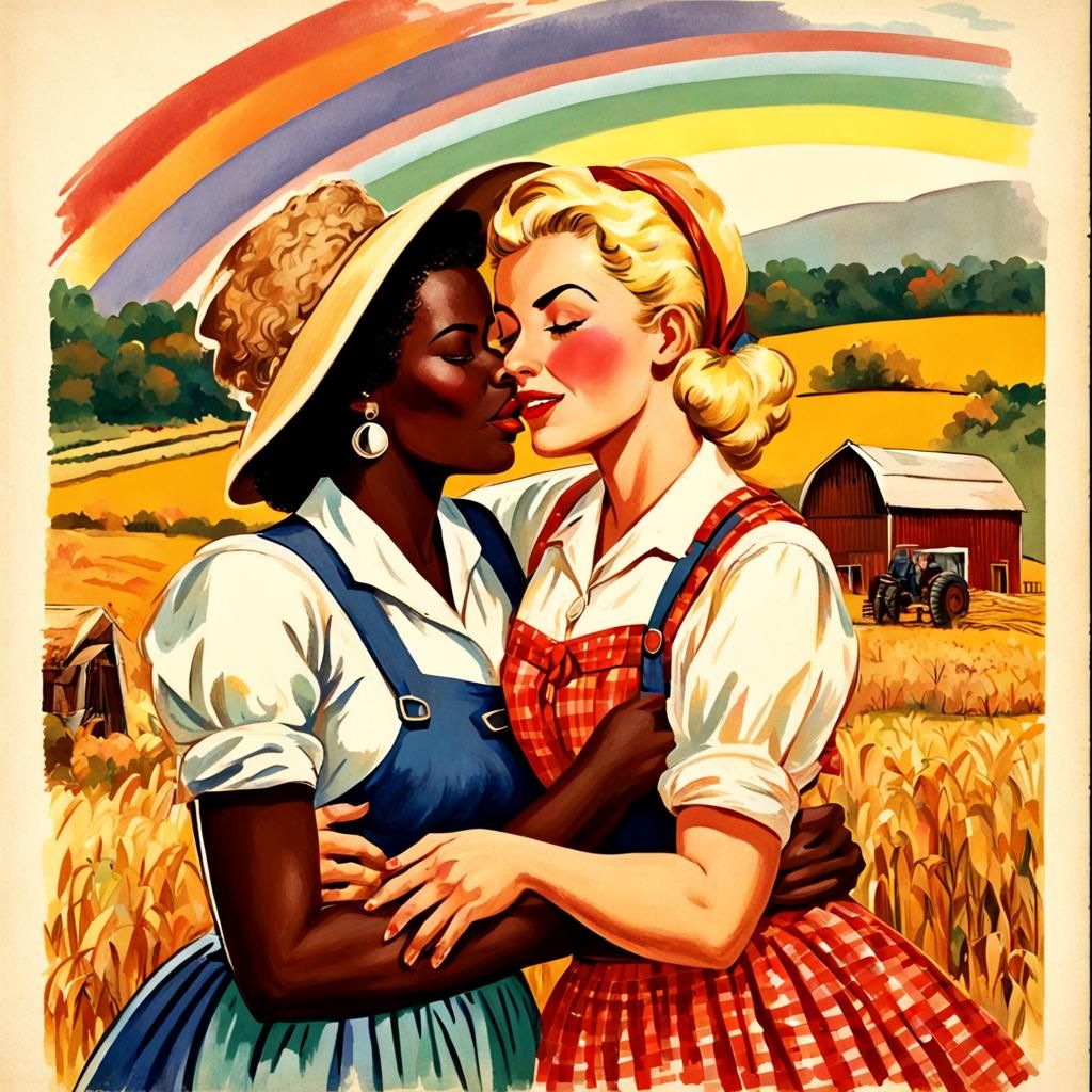 Vintage Illustration of Pioneer Women Kissing on Farm