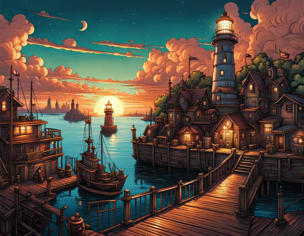 Steampunk Harbor Lighthouse in Manga Comic Art