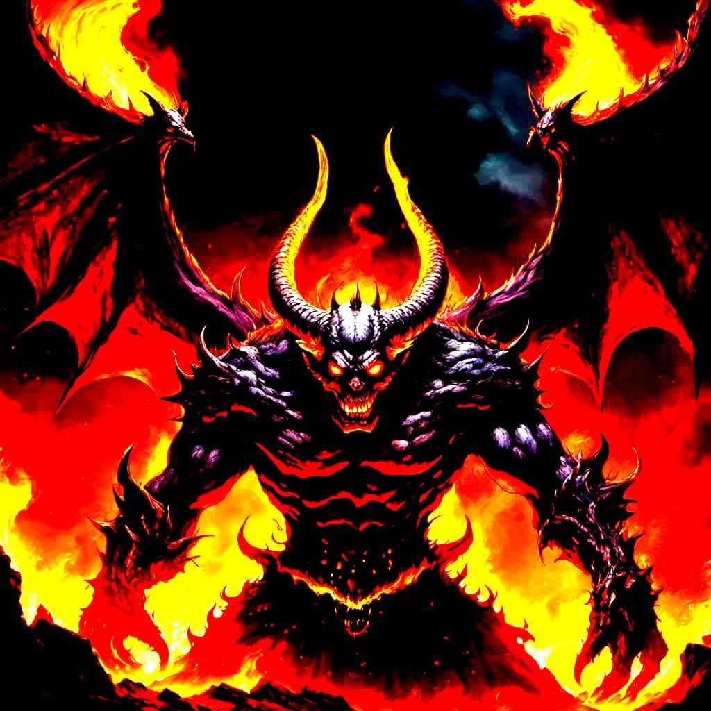 Fiery Shadow Demon Emerging from the Depths