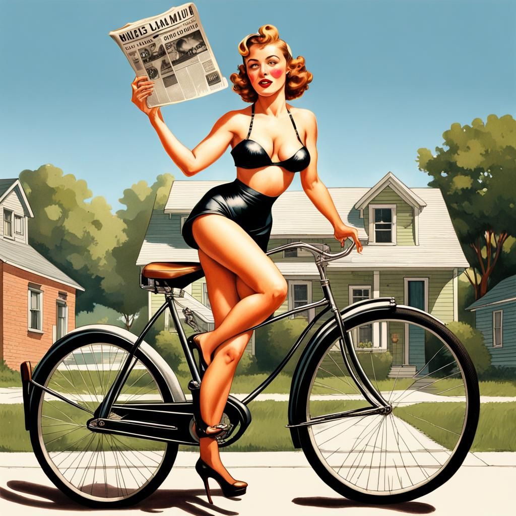1930s Pin-Up Girl on Bicycle: Hyperrealistic Art