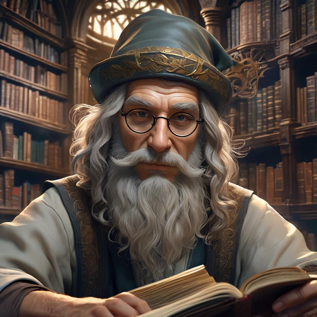 Wizard Studying in Magical Library: Detailed Portrait