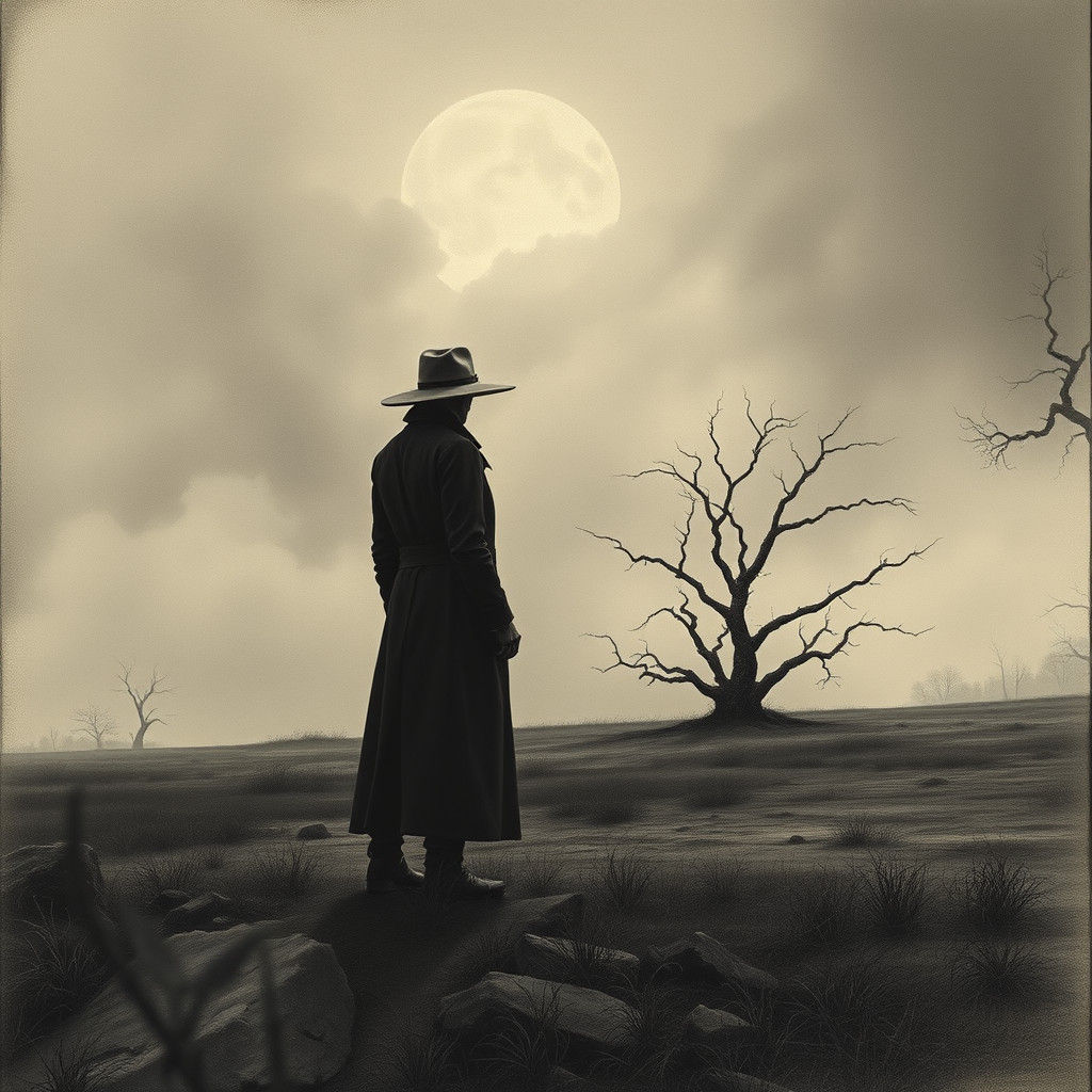 Eerie Figure in Desolate Landscape, Charcoal and Matte Paint...
