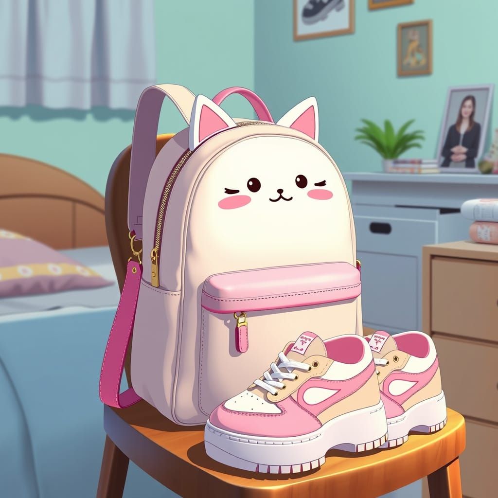 Kawaii Cat Backpack and Shoes in Hyper Realistic Japanese St...