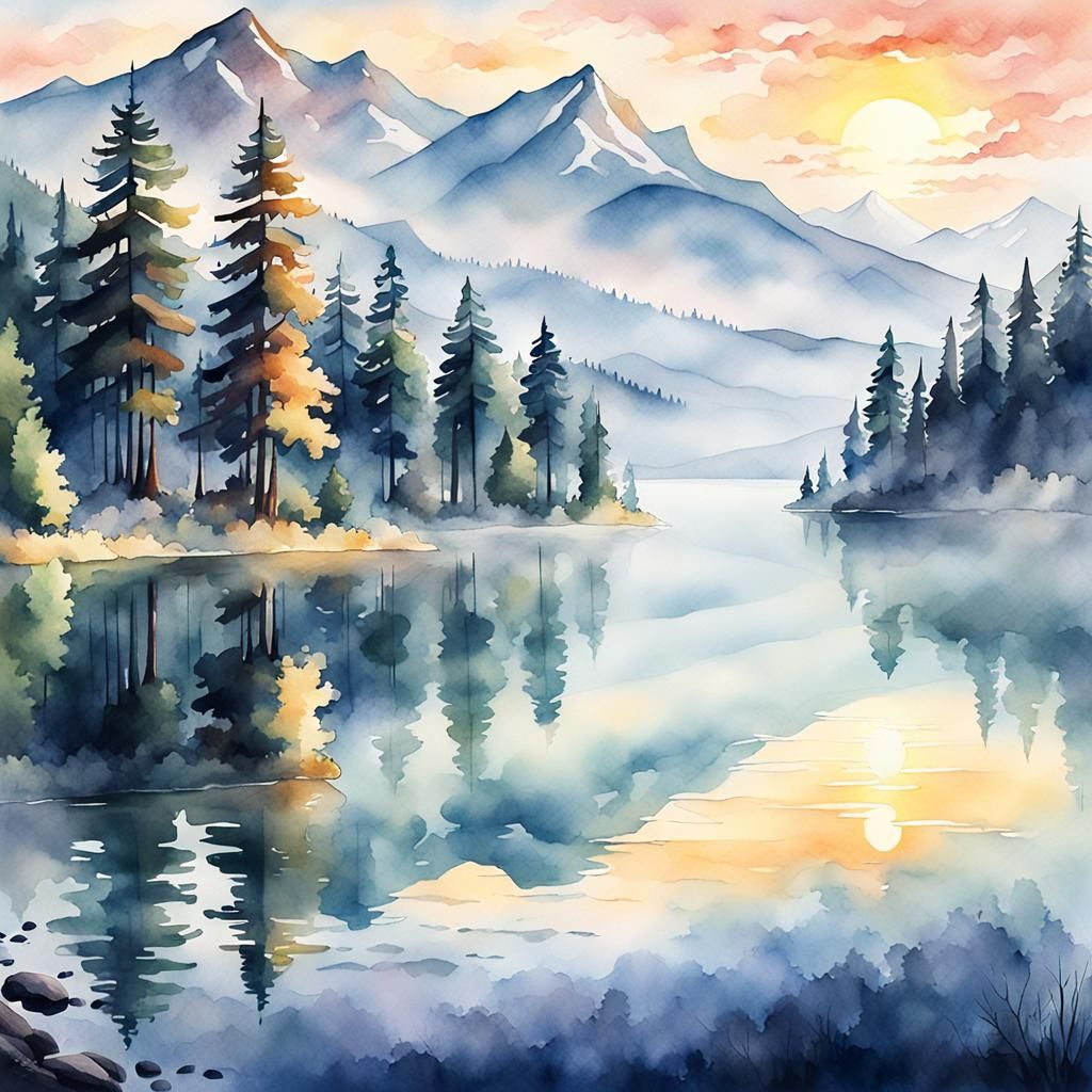 Luminous Watercolor Landscape with Mountain Lake Sunrise