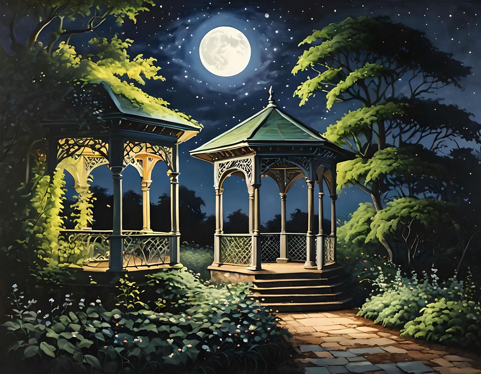 Moonlit Gazebo in Dreamlike Oil Painting