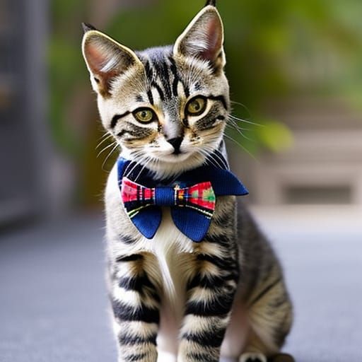 Watercolour Tartan Tabby Kitten with Bow-Tie