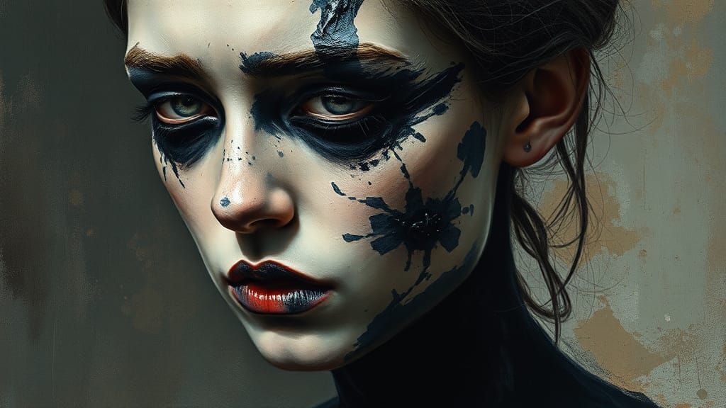 Gothic Woman Portrait with Black Makeup as Scumbling Paintin...