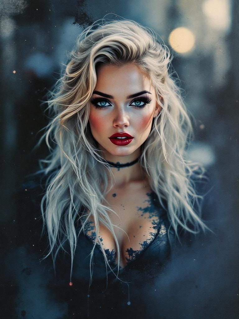 1950s Pin-Up in Whiskey-Splatter Watercolor Style