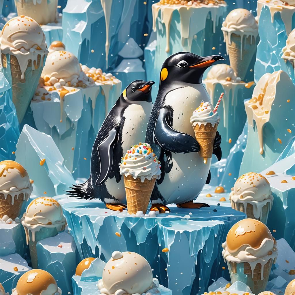 Penguin Eating Ice Cream in Anime Style