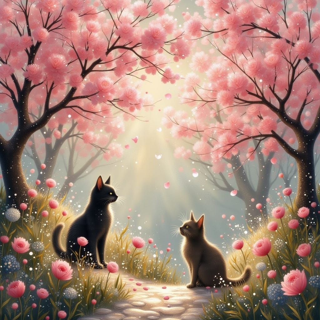 Cats in a Cherry Blossom Zen Garden, Impressionist Style