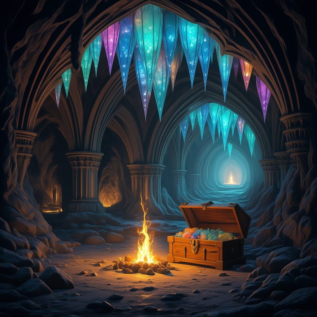 Gothic Cave With Campfire And Treasure Chest