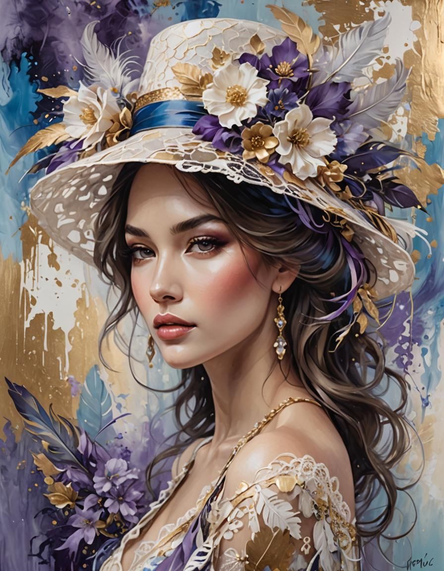 Woman in Patterned Hat with Gold Accents