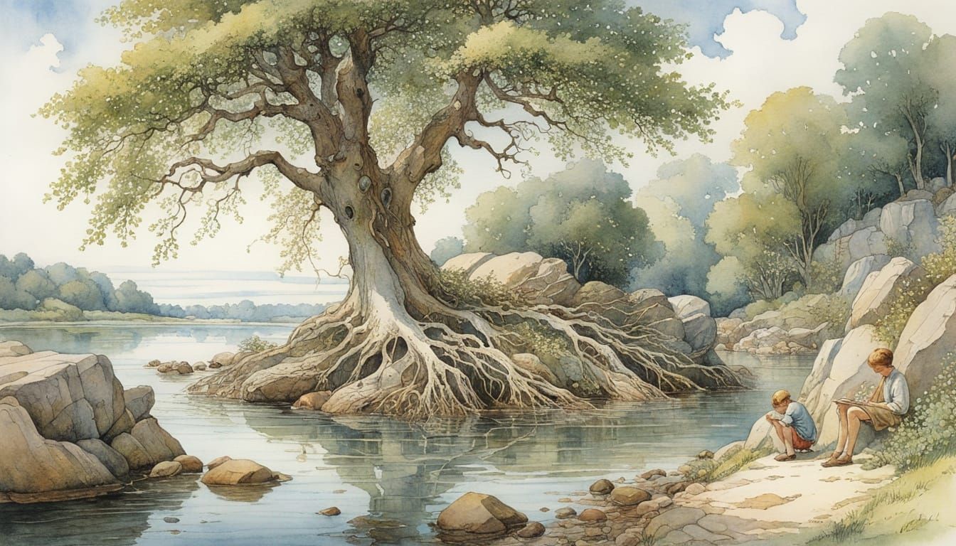 Riverside Scene in Watercolor Illustration Style