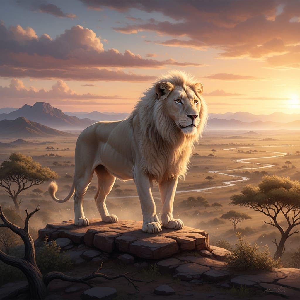 Rare White Lion Surveys Landscape from Hilltop