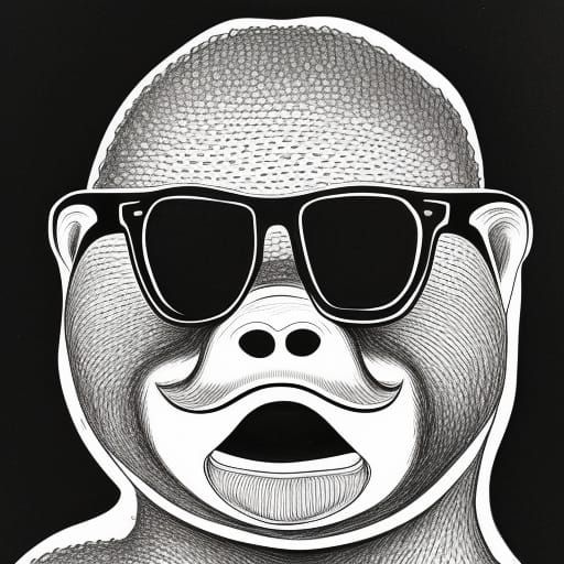 one line drawing in marker, tree sloth sticking his tongue out and wearing sunglasses, grotesque, outlined, black and wh...