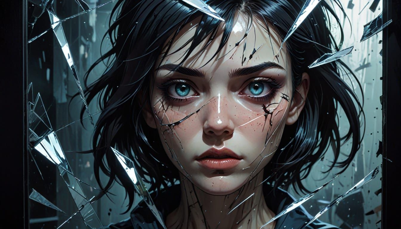 Creepy Anime Girl in Shattered Mirror Comic Art