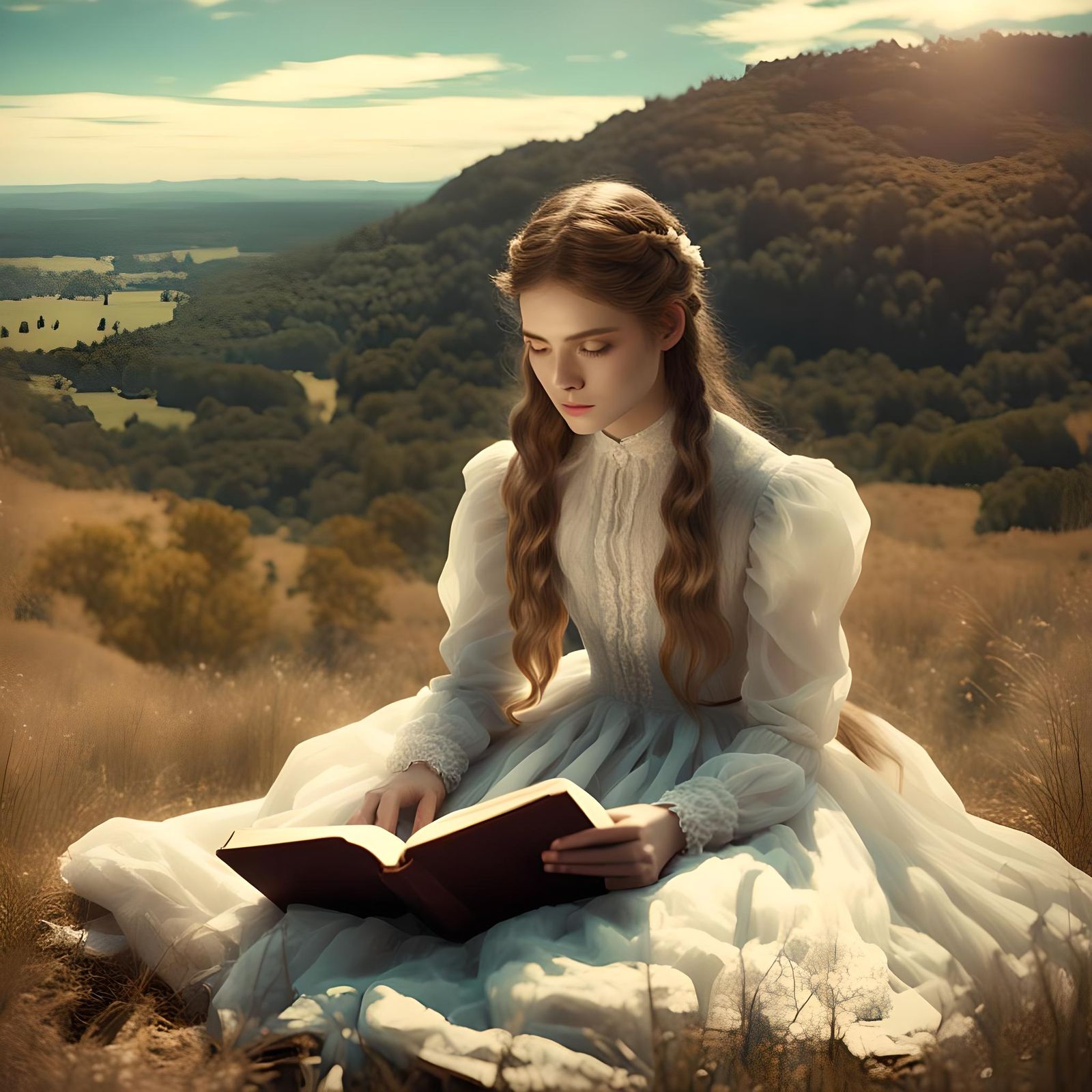 Victorian Girl's Dreamy Picnic Reading, Hyperrealistic 8K