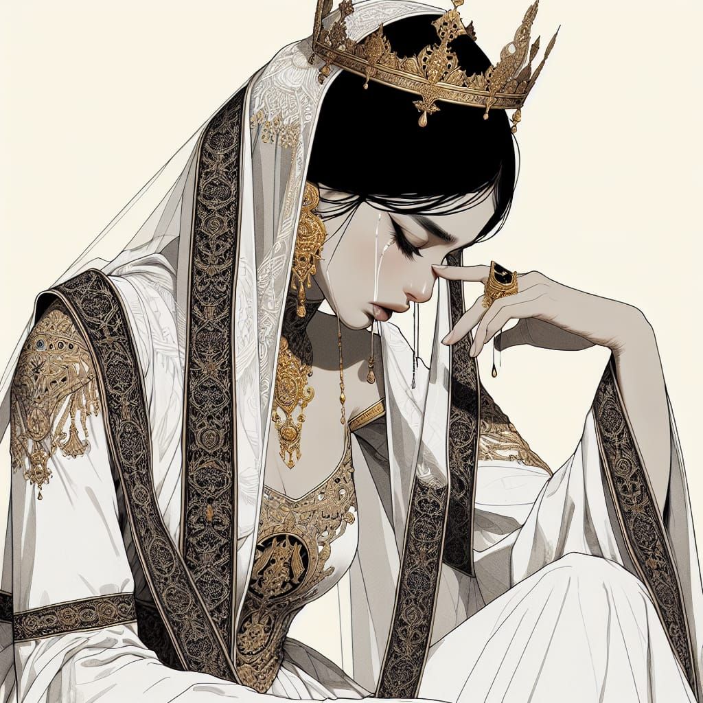 Elegant Middle-Eastern Queen Weeping in Palace