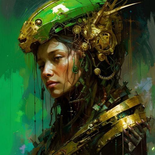 Armored Praying Mantis Mech Portrait in Oil